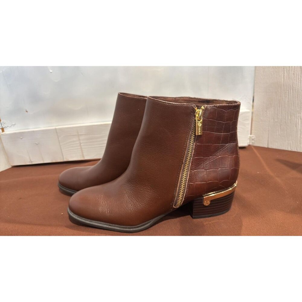 Isola Brown Leather Croc Embossed Ankle Boots Gold Hardware 8.5